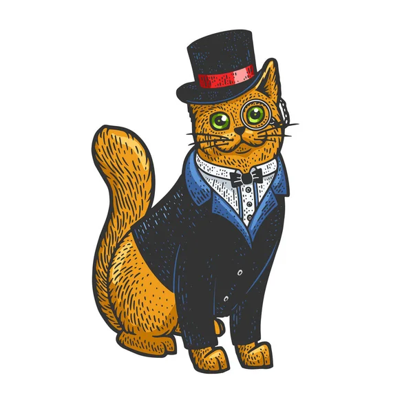 猫在燕尾服外套顶帽和眼镜彩绘素描矢量插图.T恤服装印花设计。刮板仿制。黑白手绘图像. — 图库矢量图片
