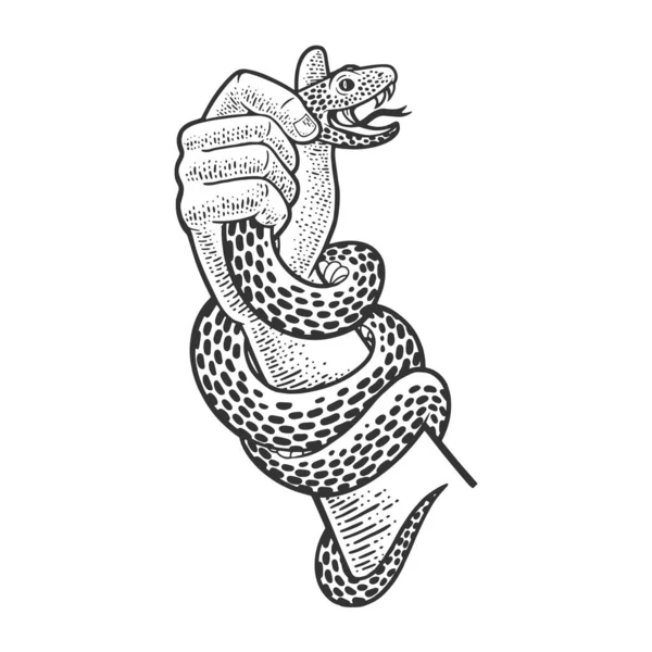 Handen håller en orm skiss gravyr vektor illustration. T-shirt kläder tryck design. Skrapbrädesimitation. Svart och vit handritad bild. — Stock vektor