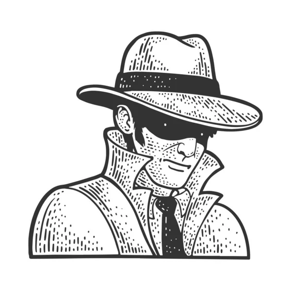 Prive detective met hoed schets graveren vector illustratie. T-shirt kleding print ontwerp. Krasplank imitatie. Zwart en wit met de hand getekend afbeelding. — Stockvector