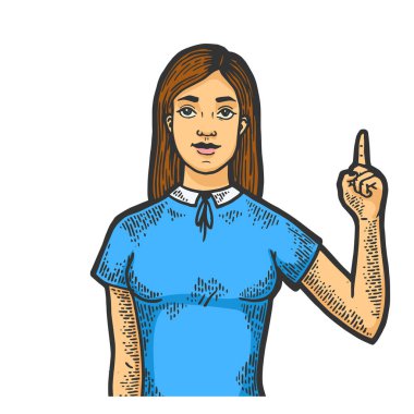 İşaret parmağı yukarıda, el işaretli, jest rengi çizimli, kabartma vektör illüstrasyonlu kadın. Tahta sitili taklit. Siyah beyaz el çizimi resim.
