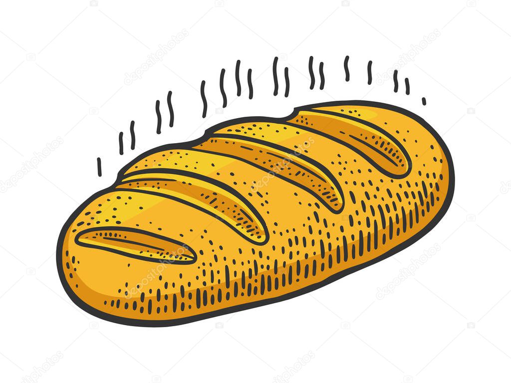 fresh hot steaming loaf of bread color sketch engraving vector illustration. T-shirt apparel print design. Scratch board imitation. Black and white hand drawn image.