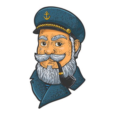 Gri saçlı kaptan tüten pipo rengi çizimi, kabartma vektör çizimi. Tişört giysisi baskısı tasarımı. Çizik tahtası taklidi. Siyah beyaz el çizimi resim.