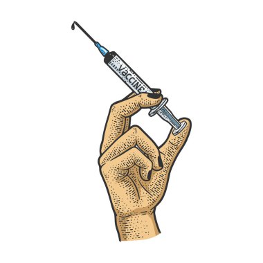 Aşı rengi çizimi olan şırınga oyma vektör çizimi. Tişört giysisi baskısı tasarımı. Çizik tahtası taklidi. Siyah beyaz el çizimi resim.
