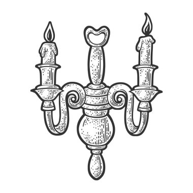 Eski şamdan şamdanı çizimi, kabartma vektör çizimi. Tişört giysisi baskısı tasarımı. Çizik tahtası taklidi. Siyah beyaz el çizimi resim.