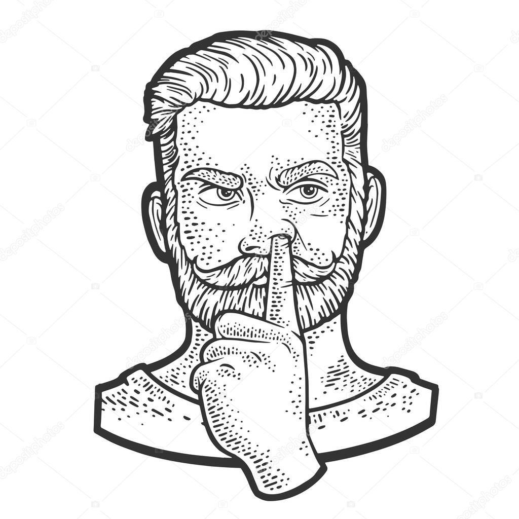 Man picking his nose sketch engraving vector illustration. T-shirt apparel print design. Scratch board imitation. Black and white hand drawn image.