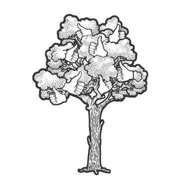 Ağaç meyve sembolleri ile başparmak yukarı oyma vektör illüstrasyon çizim. Tişört giysisi baskısı tasarımı. Çizik tahtası taklidi. Siyah beyaz el çizimi resim.
