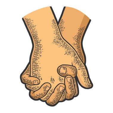 Birbirine aşık çift, parmakları bükülmüş, el ele tutuşmuş. Renk çizimi, kabartma vektör çizimi. Tahta sitili taklit. El çizimi resim.