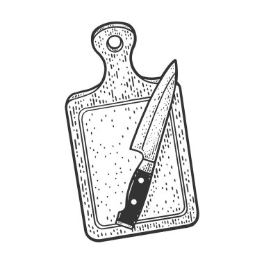 Kesme tahtası ve bıçak çizimi vektör çizimi. Tişört giysisi baskısı tasarımı. Çizik tahtası taklidi. Siyah beyaz el çizimi resim.