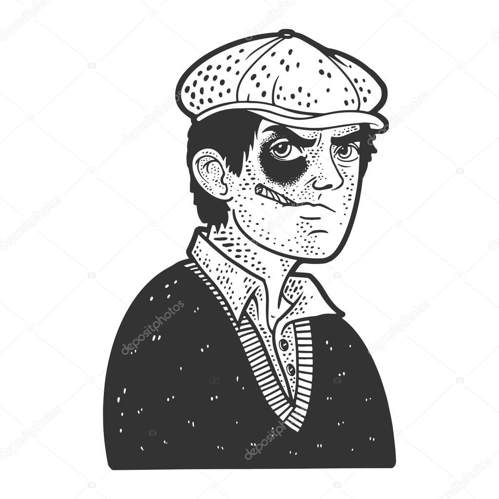 Hooligan bully man with black eye sketch engraving vector illustration. T-shirt apparel print design. Scratch board imitation. Black and white hand drawn image.