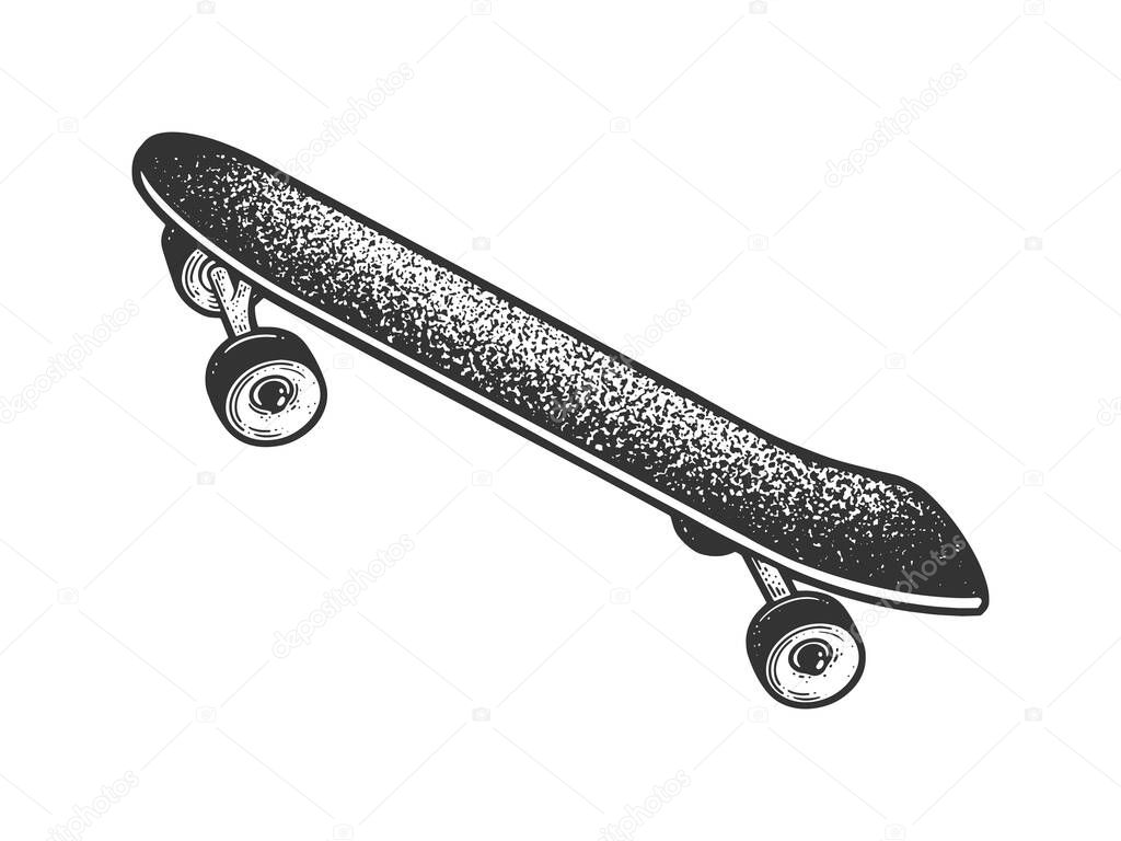 Skateboard sketch engraving vector illustration. T-shirt apparel print design. Scratch board imitation. Black and white hand drawn image.