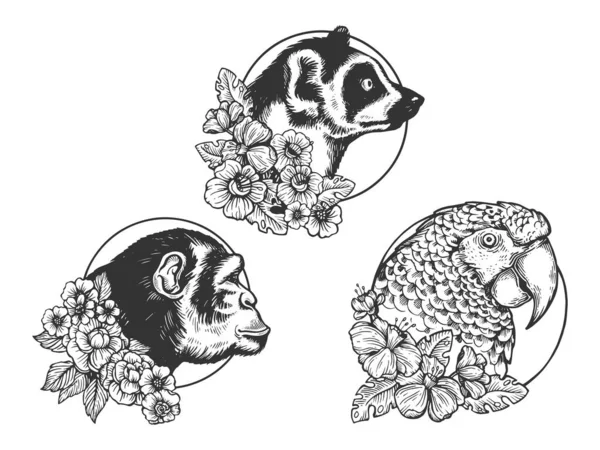 Parrot Lemur Monkey heads animal set tattoo with flower sketting vector illustrating ( 페인팅 벡터 일러스트 ). 티셔츠 의류 인쇄 디자인. 스크래치 보드 모방. 손으로 그린 흑백 그림. — 스톡 벡터