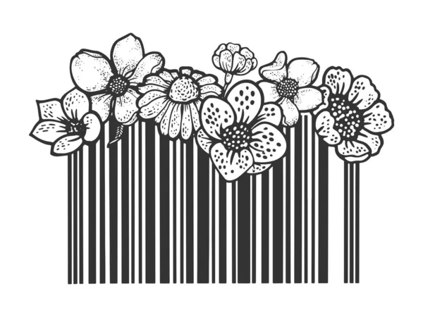 Barcode mit Blumen skizziert die Gravurvektorillustration. T-Shirt-Print-Design. Rubbelbrett-Imitat. Handgezeichnetes Schwarz-Weiß-Bild. — Stockvektor