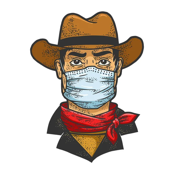 Gangster cowboy em máscara médica cor esboço gravura vetor ilustração. T-shirt design de impressão de vestuário. Imitação de raspadinha. Imagem desenhada à mão preto e branco. —  Vetores de Stock