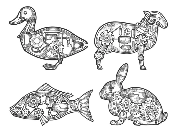 Mechanisches Tier Set Ente Hase Kaninchen Schaf Skizze Gravur Vektorillustration. T-Shirt-Print-Design. Rubbelbrett-Imitat. Handgezeichnetes Schwarz-Weiß-Bild. — Stockvektor