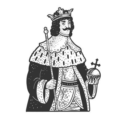 Taç çizimi, kabartma vektör çizimi olan ortaçağ kral hükümdarı. Tişört giysisi baskısı tasarımı. Çizik tahtası taklidi. Siyah beyaz el çizimi resim.