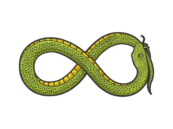 Змея в виде знака бесконечности кусает свой собственный рисунок вектора цвета хвоста. Дизайн одежды для футболок. Имитация Доски Царапин. Черно-белое изображение. — стоковый вектор