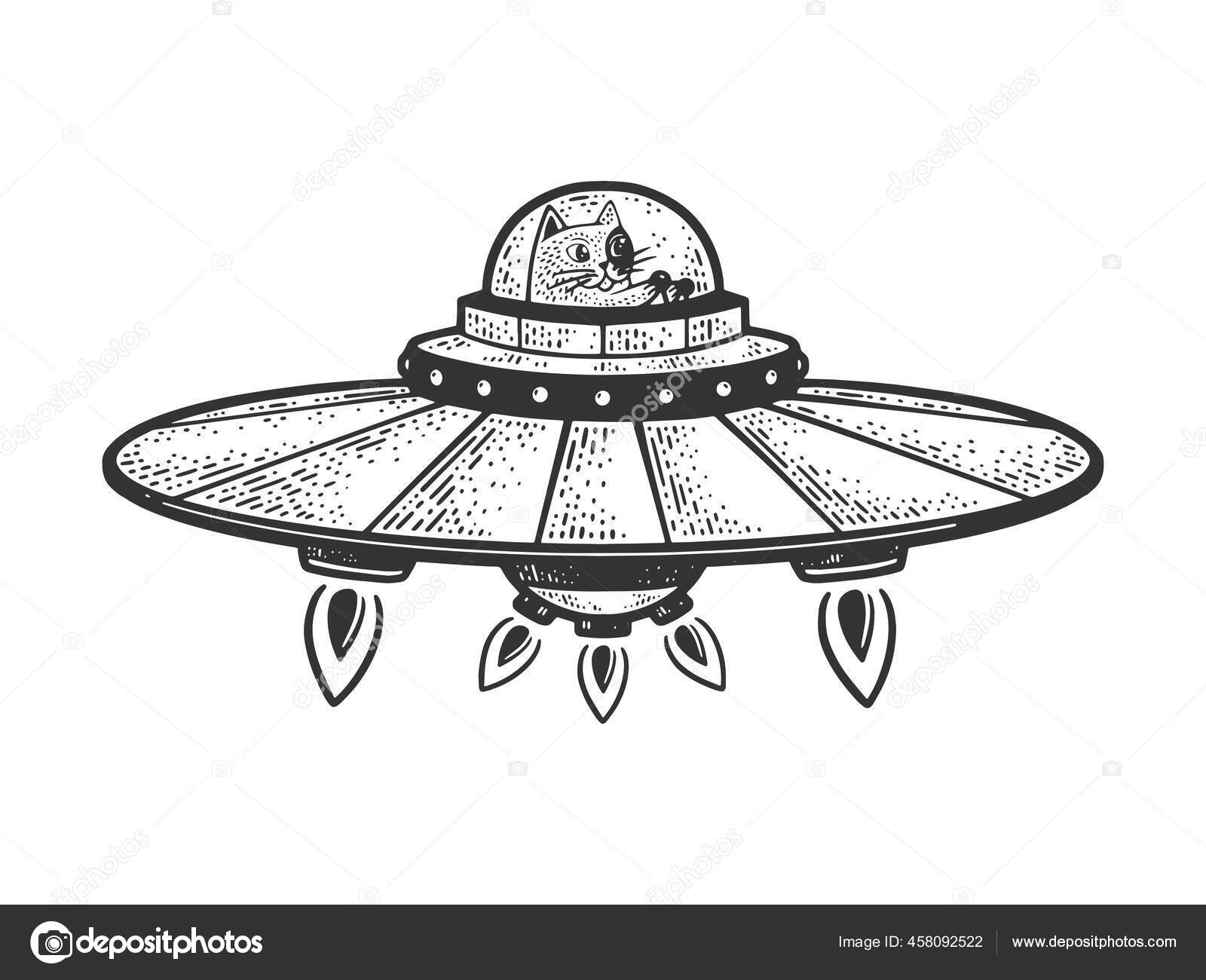 Cartoon cat fly on UFO flying saucer spaceship sketch engraving vector illustration. Tshirt