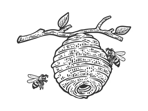 Hive of wild bees on a tree sketch engraving vector illustration. T-shirt apparel print design. Scratch board imitation. Black and white hand drawn image. Royalty Free Stock Illustrations