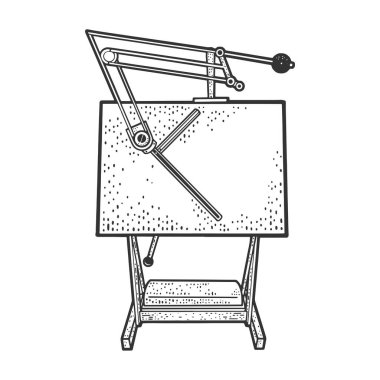 Teknik çizimler için çizim masası kabartma vektör çizimi. Tişört giysisi baskısı tasarımı. Çizik tahtası taklidi. Siyah beyaz el çizimi resim.