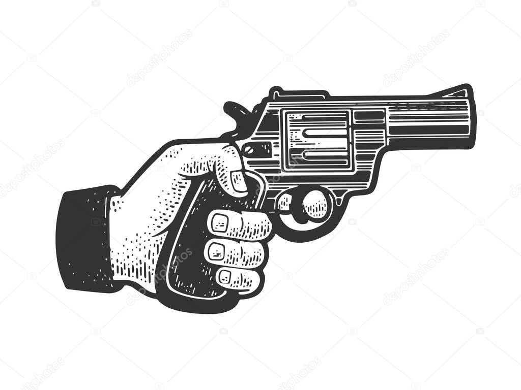 hand threatens with revolver gun pistol sketch engraving vector illustration. T-shirt apparel print design. Scratch board imitation. Black and white hand drawn image.