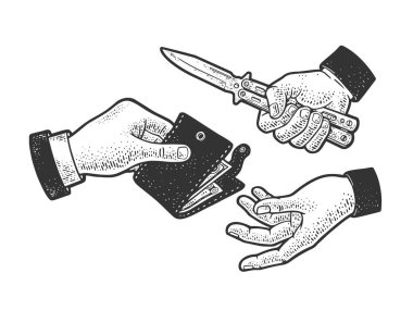 Bıçak kabartmalı çizim, vektör resimli soygun. Tişört giysisi baskısı tasarımı. Çizik tahtası taklidi. Siyah beyaz el çizimi resim.