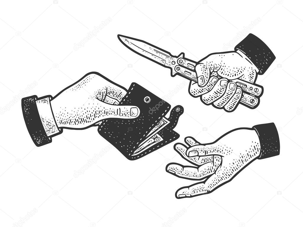robbery with a knife sketch engraving vector illustration. T-shirt apparel print design. Scratch board imitation. Black and white hand drawn image.