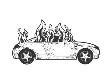 Yanan araba çizimi, kabartma vektör çizimi. Tişört giysisi baskısı tasarımı. Çizik tahtası taklidi. Siyah beyaz el çizimi resim.