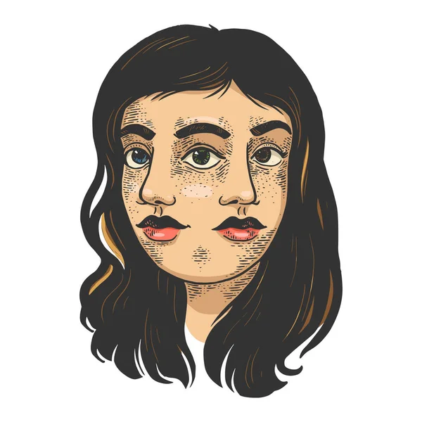 Double face girl color skizze gravur vektor illustration. T-Shirt-Print-Design. Nachahmung im Stil von Scratch Board. Handgezeichnetes Schwarz-Weiß-Bild. — Stockvektor
