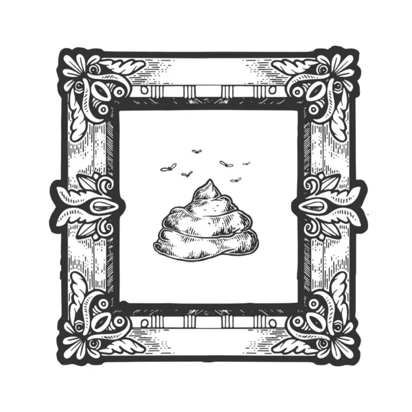 Poop shit in picture frame as a masterpiece in an art gallery sketch engraving vector illustration. Overvalued art metaphor. T-shirt apparel print design. Scratch board imitation. — Archivo Imágenes Vectoriales