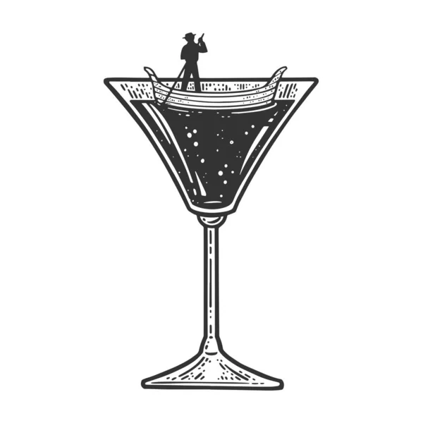 Gondelboot in martini cocktail glass skizze gravur vektor illustration. T-Shirt-Print-Design. Rubbelbrett-Imitat. Handgezeichnetes Schwarz-Weiß-Bild. — Stockvektor