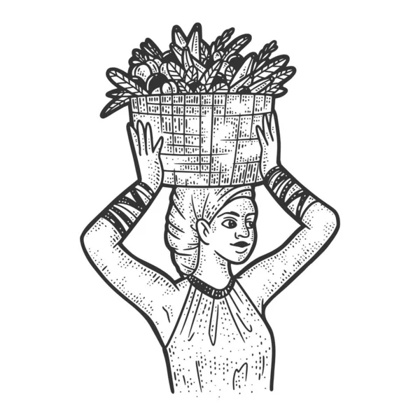 Chica con una cesta de frutas en su cabeza dibujo grabado vector ilustración. Diseño de estampado de ropa de camiseta. Scratch board imitación. Imagen dibujada a mano en blanco y negro. — Archivo Imágenes Vectoriales
