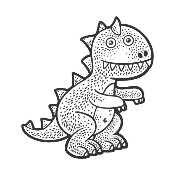 Fylld mjuk leksak dinosaurie skiss gravyr vektor illustration. T-shirt kläder tryck design. Skrapbrädesimitation. Svart och vit handritad bild. — Stock vektor