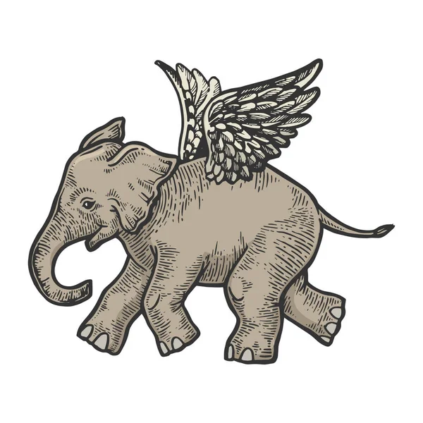 Angel vliegende baby olifant kleur schets graveren vector illustratie. Scratch board stijl imitatie. Zwart en wit met de hand getekend afbeelding. — Stockvector