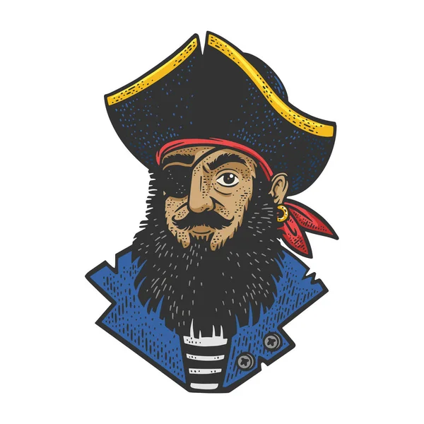 Dessin animé pirate croquis en couleur gravure vectorielle illustration. T-shirt imprimé design. Imitation de carte à gratter. Image dessinée à la main noir et blanc. — Image vectorielle