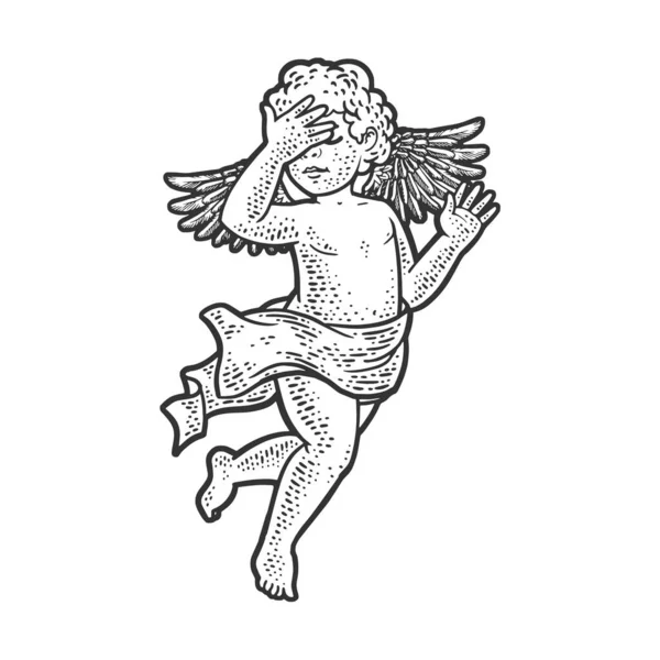 天使丘比特宝宝与脸孔手势素描矢量插图.T恤服装印花设计。刮板仿制。黑白手绘图像. — 图库矢量图片