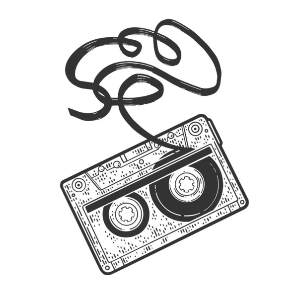 Cassette tape with tangled torn tape sketch engraving vector illustration. T-shirt apparel print design. Scratch board imitation. Black and white hand drawn image. — Stock Vector