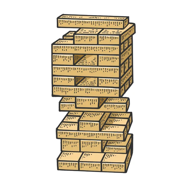Fa blokk torony játék színes vázlat gravírozás vektor illusztráció. Póló mintás ruha. Kaparós tábla stílusú utánzat. Fekete-fehér kézzel rajzolt kép. — Stock Vector