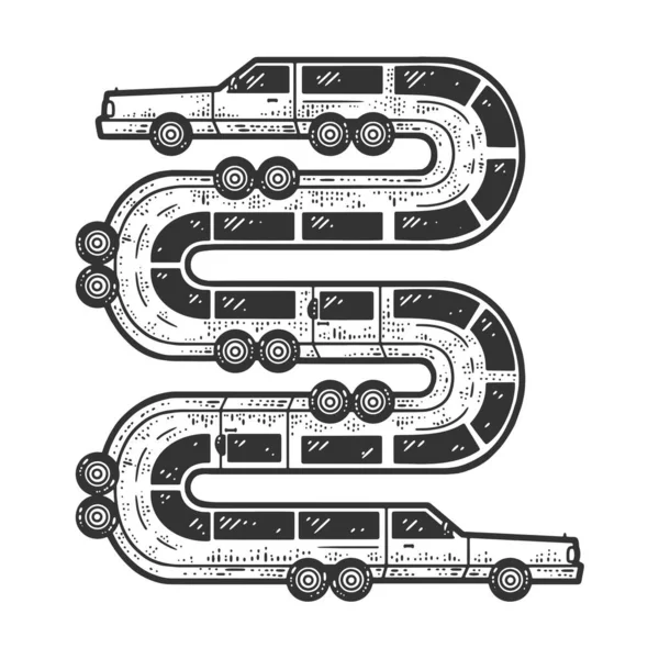 Lång limousine bil som en orm skiss gravyr vektor illustration. T-shirt kläder tryck design. Skrapbrädesimitation. Svart och vit handritad bild. — Stock vektor