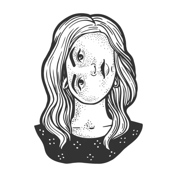 Дівчина з оберненим обличчям ескіз гравіювання Векторні ілюстрації. Дизайн футболки для друку. Імітація дошки подряпин. Чорно-біле намальоване зображення руки . — стоковий вектор
