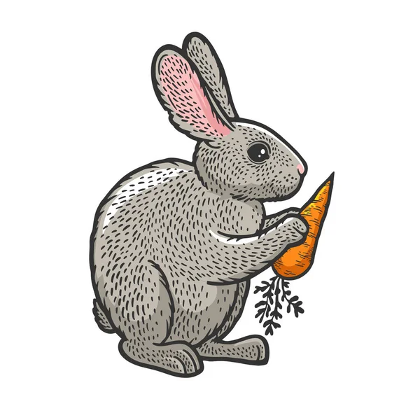 Kaninchen Hase mit Karotte Farbskizze Gravur Vektor Illustration. T-Shirt-Print-Design. Rubbelbrett-Imitat. Handgezeichnetes Schwarz-Weiß-Bild. — Stockvektor