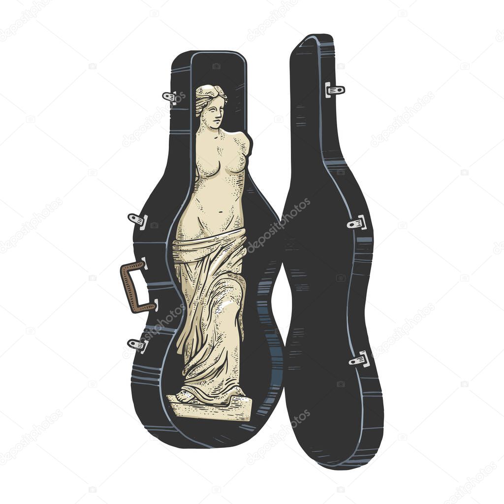 Venus de Milo ancient Greek statue in double bass case color sketch engraving vector illustration. T-shirt apparel print design. Scratch board style imitation. Black and white hand drawn image.
