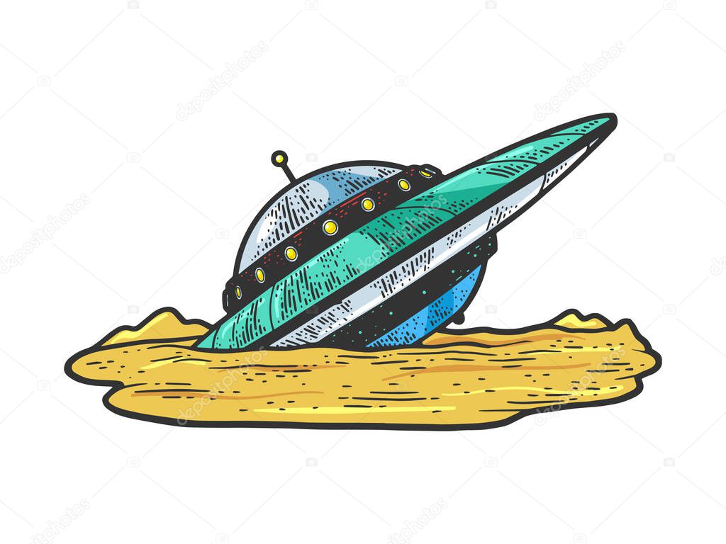 wrecked crashed ufo color sketch engraving vector illustration. T-shirt apparel print design. Scratch board imitation. Black and white hand drawn image.