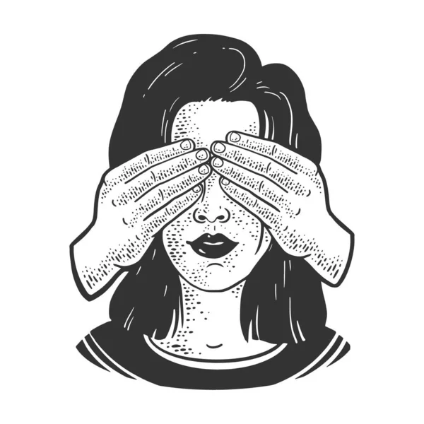 Menina com olhos cobertos por mãos esboço gravura vetor ilustração. Adivinha quem joga. T-shirt design de impressão de vestuário. Imitação de raspadinha. Imagem desenhada à mão preto e branco. —  Vetores de Stock