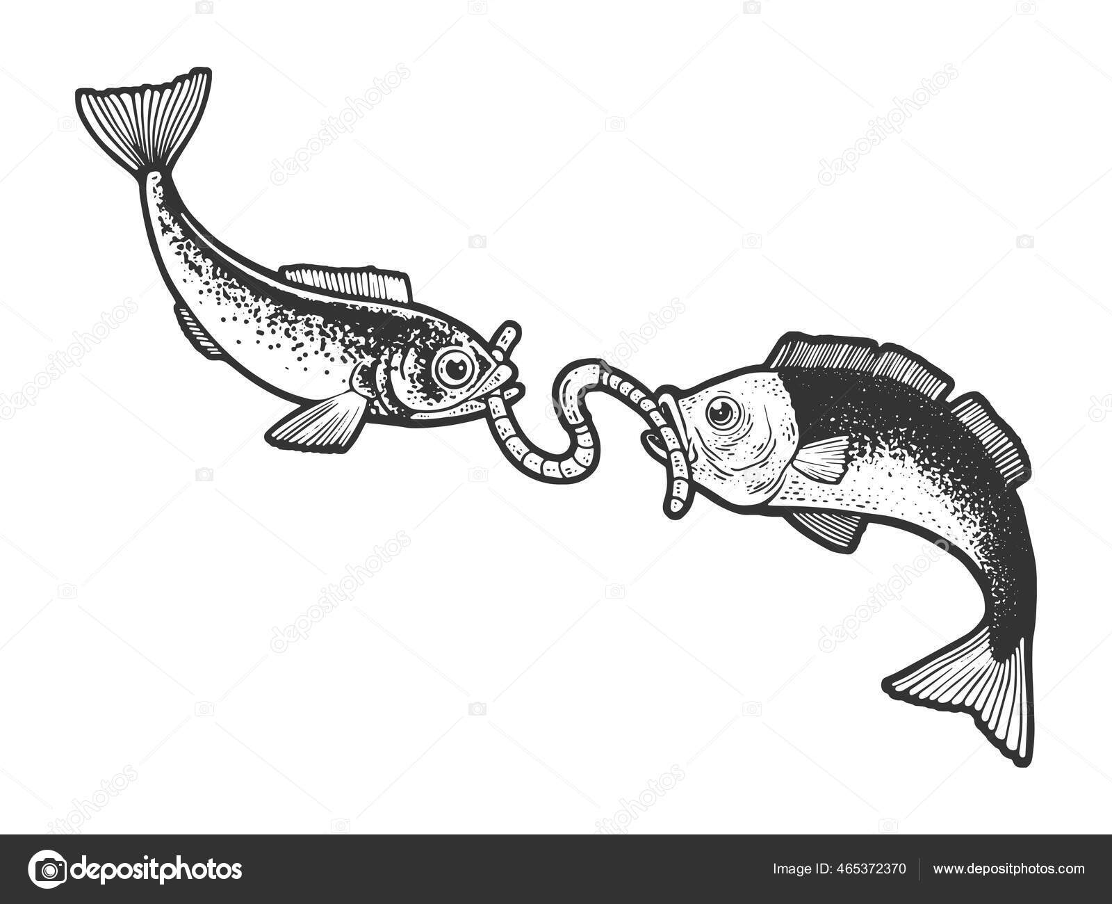 Fish catch bait worm on hook fishing sketch engraving vector