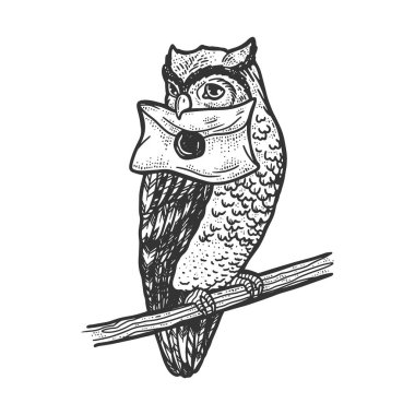 Posta mektuplu baykuş, kabartma vektör çizimi. Tişört giysisi baskısı tasarımı. Çizik tahtası taklidi. Siyah beyaz el çizimi resim.