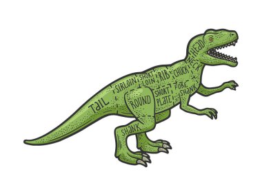 Dinozor eti şeması Sığır eti rengi çizimi oyma vektör çizimi. Tişört giysisi baskısı tasarımı. Çizik tahtası taklidi. Siyah beyaz el çizimi resim.
