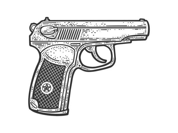 Исторический эскиз пистолета Макарова, гравировка векторной иллюстрации. Дизайн одежды для футболок. Имитация Доски Царапин. Черно-белое изображение. — стоковый вектор
