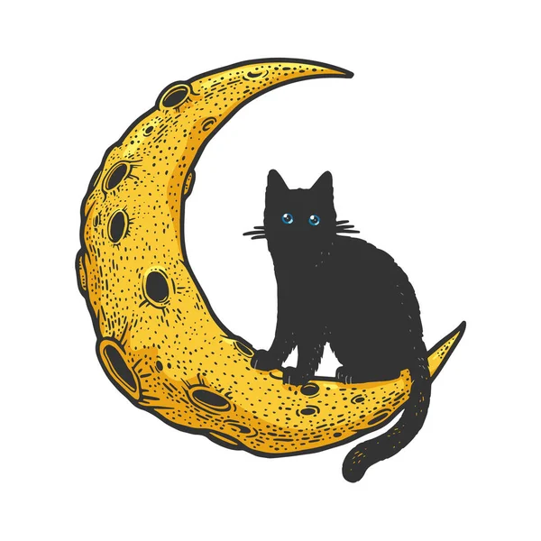 Desenhos animados gato na Lua cor esboço gravura vetor ilustração. T-shirt design de impressão de vestuário. Imitação de raspadinha. Imagem desenhada à mão preto e branco. — Vetor de Stock