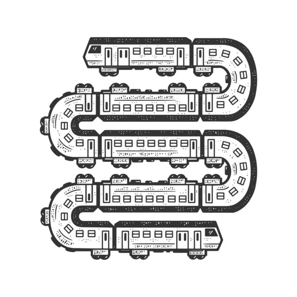 ヘビのスケッチのような長い列車のベクトル図を彫る。Tシャツのアパレルプリントデザイン。スクラッチボードの模倣。黒と白の手描き画像. — ストックベクタ