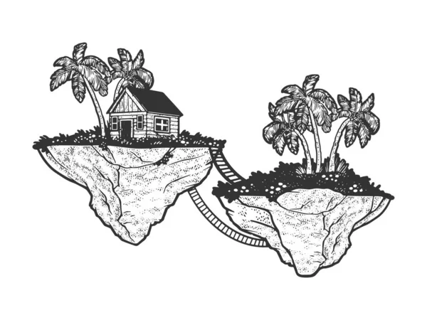 Fabelhafte fliegende Inseln skizzieren Gravurvektorillustration. T-Shirt-Print-Design. Rubbelbrett-Imitat. Handgezeichnetes Schwarz-Weiß-Bild. — Stockvektor